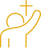 Person with hand raised and cross icon
